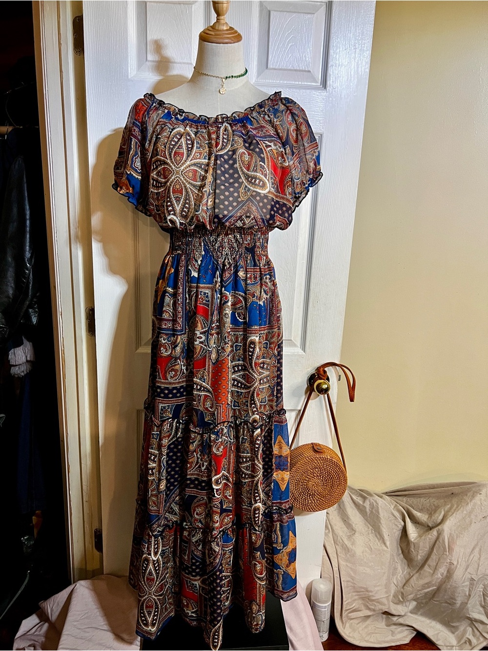 Kate And Lily Wms Blue Sheer Paisley Tiered Smocked Boho Peasant Maxi Dress 10